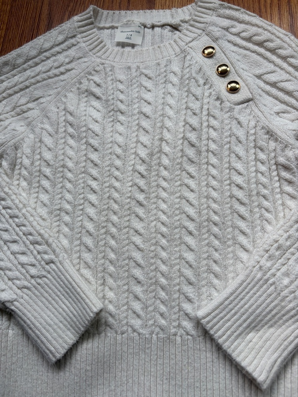 abercrombie kids White Cable-Knit Crewneck Sweater with Gold Buttons